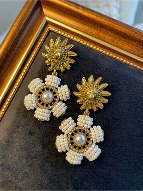 Vintage Gold Sunflower Pearl Beaded Drop Earrings